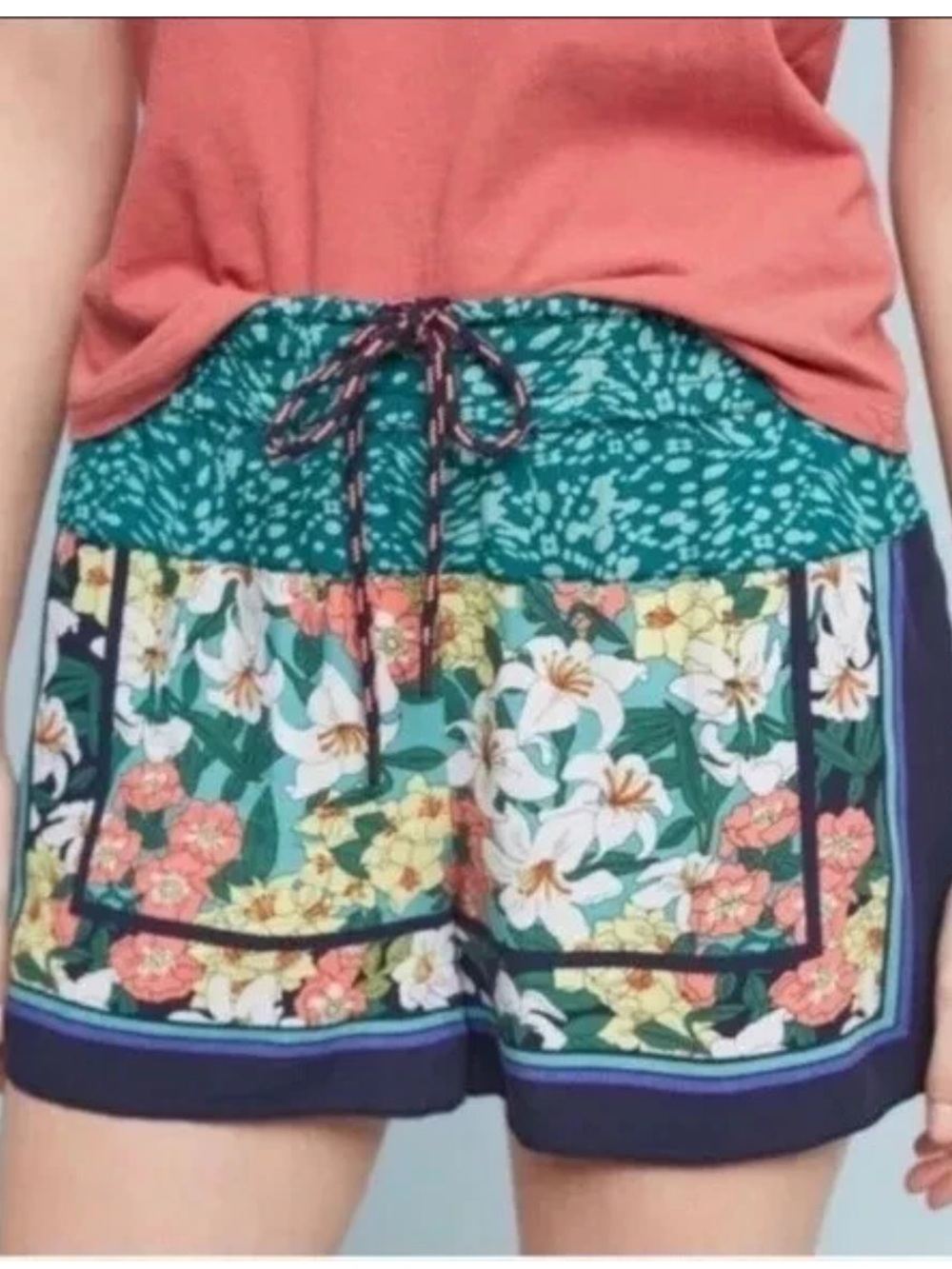 Anthropologie HEI HEI High-Waist Floral Panel Drawstring Shorts in Teal Green